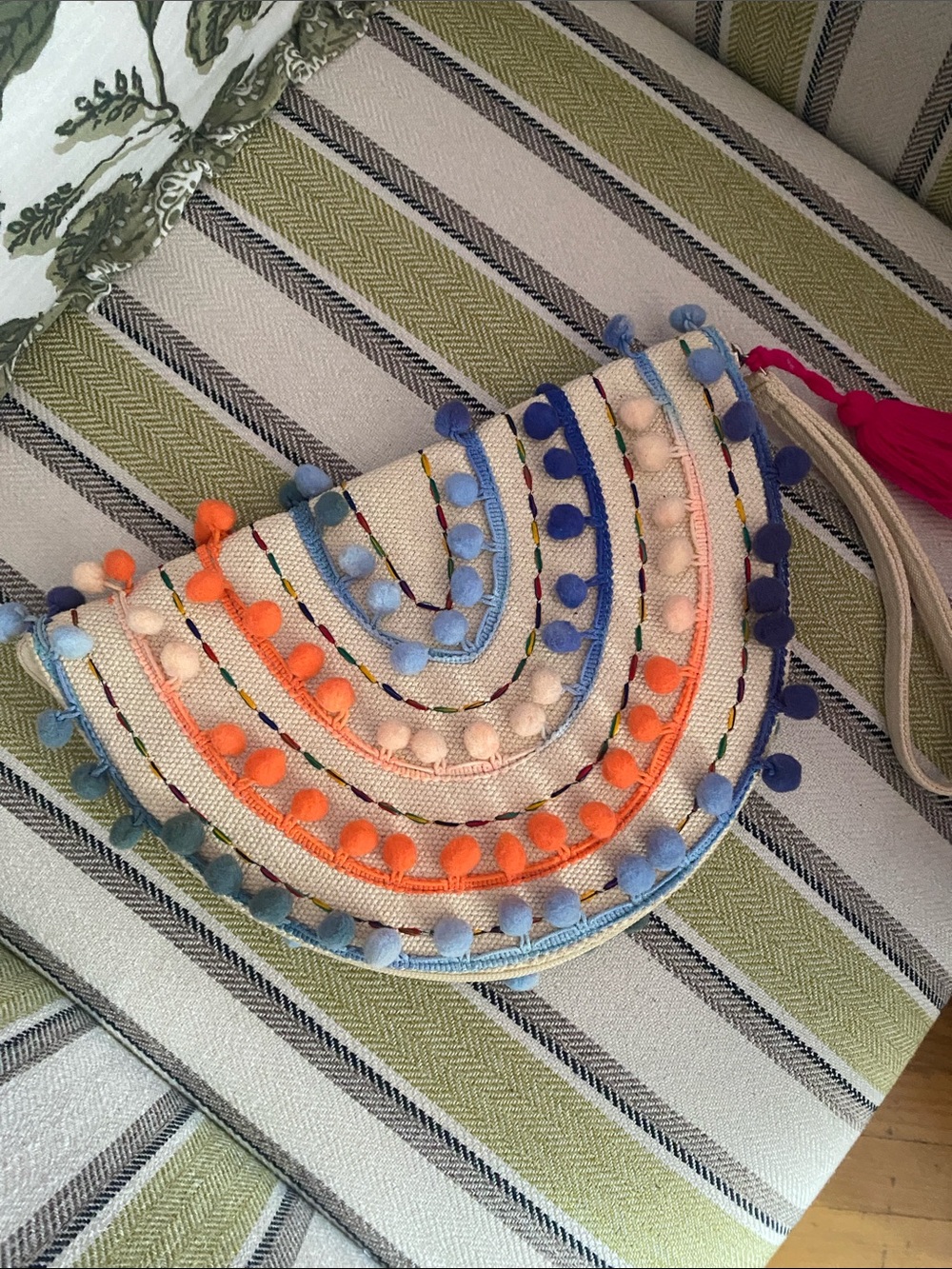 NWOT Woven Pom Pom Half Moon Cluth Bag